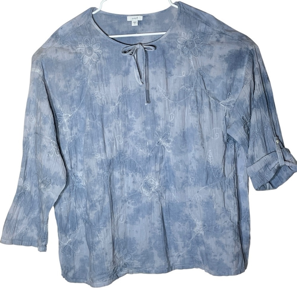 J Jill Pure Jill Blue Embroidered Tie Dye Peasant Blouse Tab Sleeve Size XL